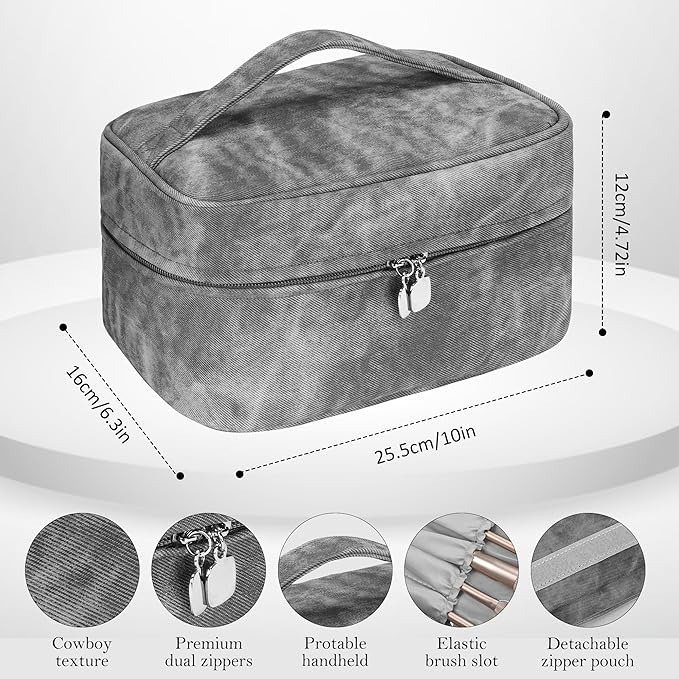 Makeup Bag, Portable Cosmetic Bag, Large Capacity Travel Makeup Case Organizer,Stylish Denim-Look Toiletry Bag for Women Girls With Handle and Removable Pouch
