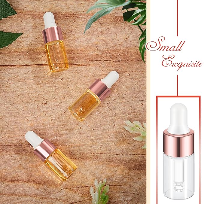 200 Pcs Mini Glass Oil Dropper Bottle Bulk, Clear Essential Small Empty Bottles Sample Containers Perfume Liquid Vials with Cap for Traveling (3 ml,Rose Gold)