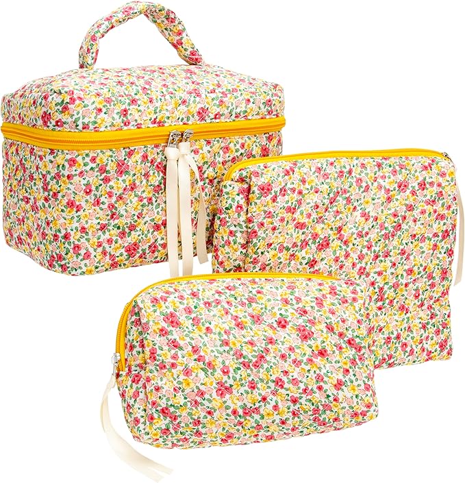 PAZIMIIK 3PCS Makeup Bag SET Large Travel Quilted Zipper Soft Cosmetic Case Pouch for Women Girls Make Up,Little Flower