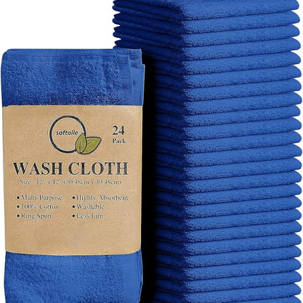 Softolle 100% Cotton Washcloths 24 Pack (12x12 Inches) Soft, Highly Absorbent Washcloth, Face Towels, Wash Cloths for Face, Ring Spun, Bulk Pack (Royal Blue)