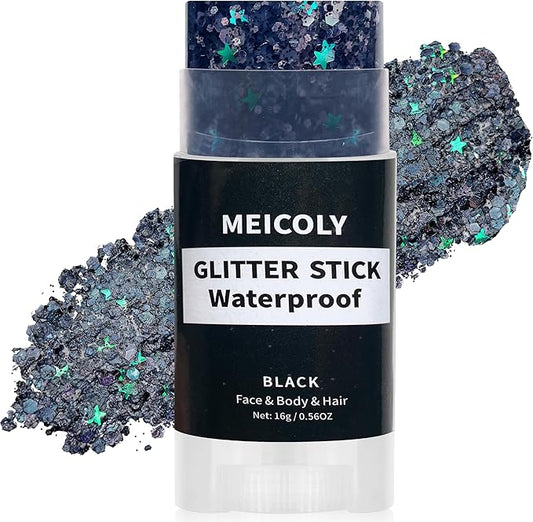 MEICOLY Black Face Body Glitter Stick,Hair Glitter Stick for Kids and Women,Sparkle Chunky Glitter Makeup,Waterproof Face Glitter for Party Rave Festival