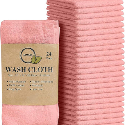 Softolle 100% Cotton Washcloths 24 Pack (12x12 Inches) Soft, Highly Absorbent Washcloth, Face Towels, Wash Cloths for Face, Ring Spun, Bulk Pack (Pink)
