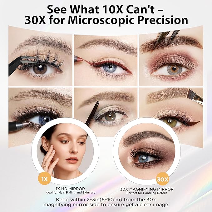 Makeup Mirror, 1X/30X Double Sided Magnifying Mirror/Switch with 3 Colors, 3200 mAh Rechargeable, 8" Lighted Makeup Mirror with Magnification, Adjustable Brightness, for Vanity or Bathroom