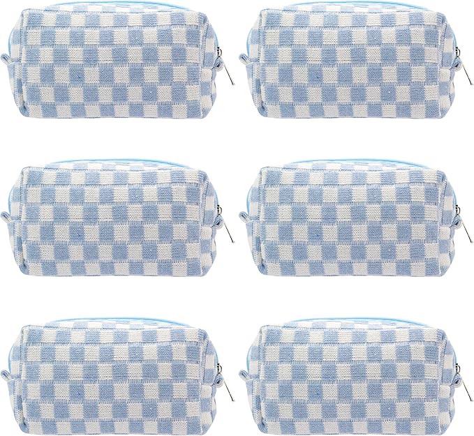 PAZIMIIK Checkered Makeup Bag for Purse Portable Zipper Make Up Pouch Small Cosmetic Case for Travel Accessories (6PCS Blue)