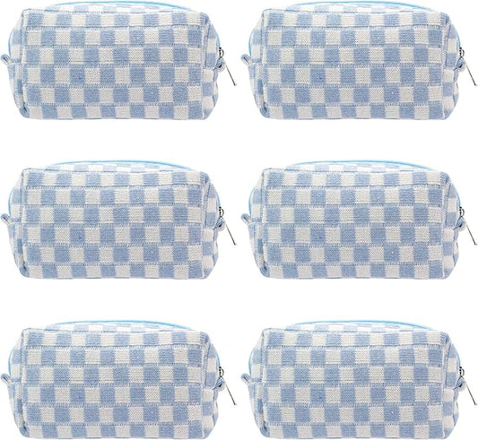 PAZIMIIK Checkered Makeup Bag for Purse Portable Zipper Make Up Pouch Small Cosmetic Case for Travel Accessories (6PCS Blue)