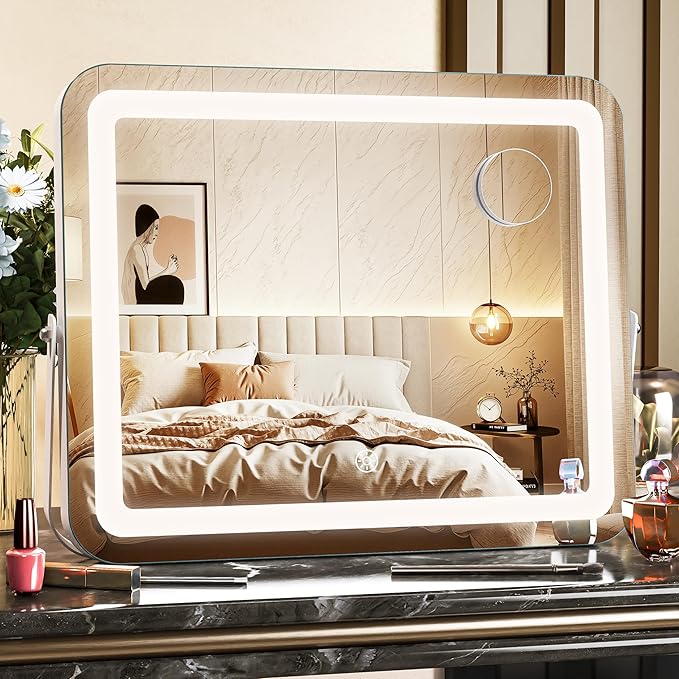 MINISO Vanity Mirror with Lights, 15" x 13" LED Makeup Mirror, Light & Brightness Adjustment, Smart Sensor, 360°Rotation, Aluminum Alloy Metal White Frame, with 5X Magnifying Glass