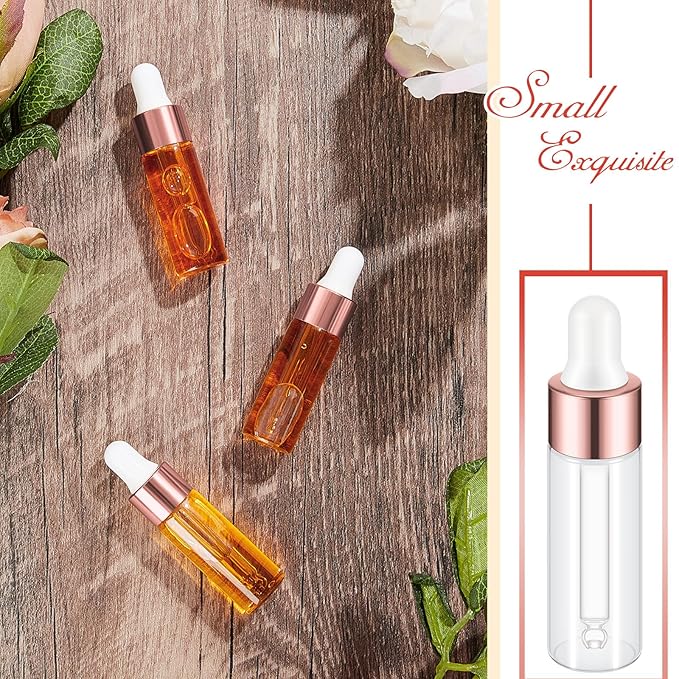 200 Pcs Mini Glass Oil Dropper Bottle Bulk, Clear Essential Small Empty Bottles Sample Containers Perfume Liquid Vials with Cap for Traveling (5 ml,Rose Gold)