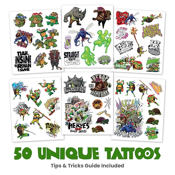 Teenage Mutant Ninja Turtles Temporary Tattoos for Kids (50 pack). Made in the USA w Certified Safe Ink. Kids Birthday Party Supplies & Party Favors. Temporary Tattoos Stickers Set for Girls and Boys