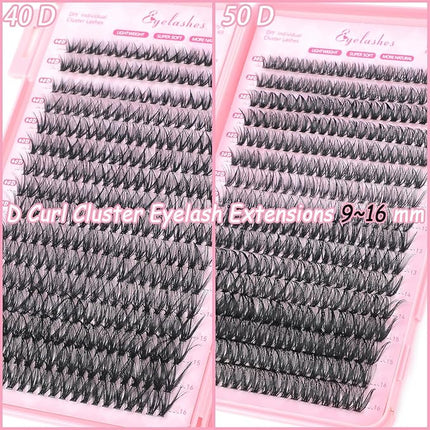 Lash Clusters Kit, 640 Pcs Eyelashes Clusters Extensions Kit 9-16mm Individual Lashes D Curl Fluffy Wispy False Eyelashes Thin Band, with Bond Seal Remover Tweezers Brush DIY (40D+50D Kit 9-16mm)
