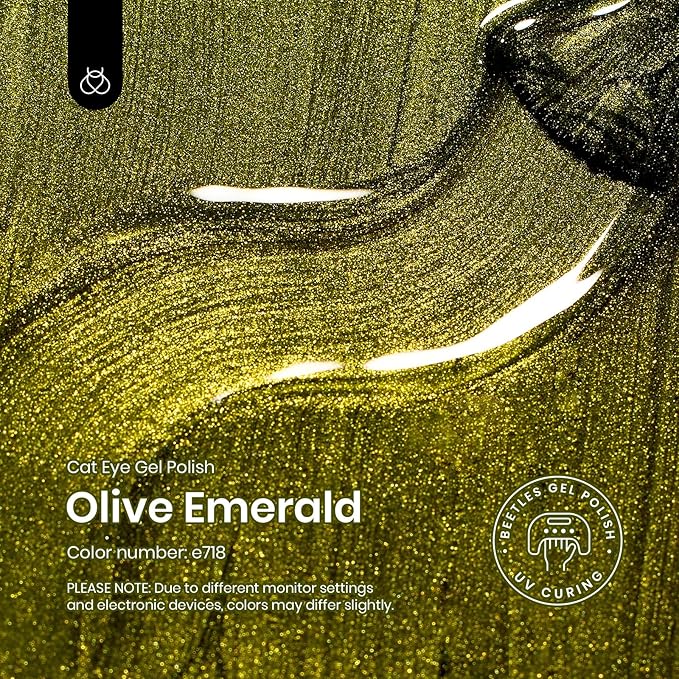 Beetles Olive Green Cat Eye Gel Nail Polish, 15ML Holographic Glitter Magnetic Soak Off UV Nail Art Manicure Gifts for Women