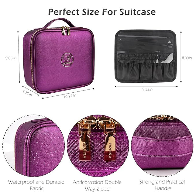 MOMIRA Travel Makeup Bag Cosmetic Bag Makeup Organizer Bag with Lighted Mirror, Adjustable Brightness in 3 Color Scenarios, Waterproof Makeup Train Case, Gift for Women - Brilliant Purple