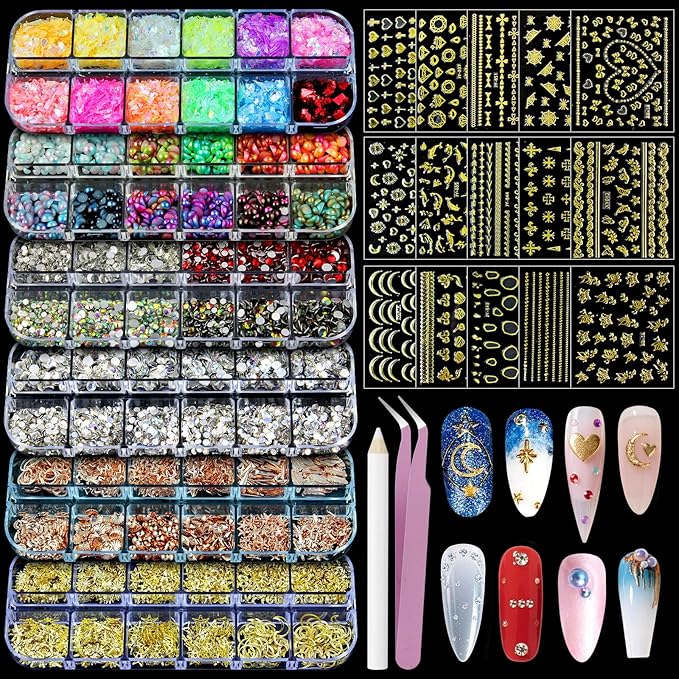 Artdone Nail Art Studs Kit, 6 boxes Multicolor And Design 3D Charms With 15 Sheets Gold Nail Stickers, Diamond Cute Nail Jewels For DIY Decoration with Pickup Tools