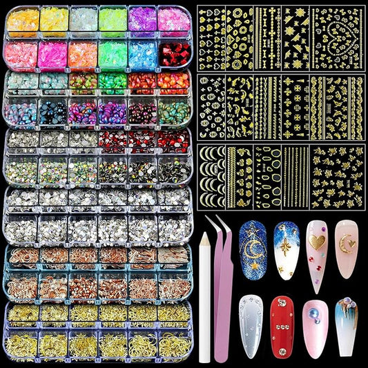 Artdone Nail Art Studs Kit, 6 boxes Multicolor And Design 3D Charms With 15 Sheets Gold Nail Stickers, Diamond Cute Nail Jewels For DIY Decoration with Pickup Tools