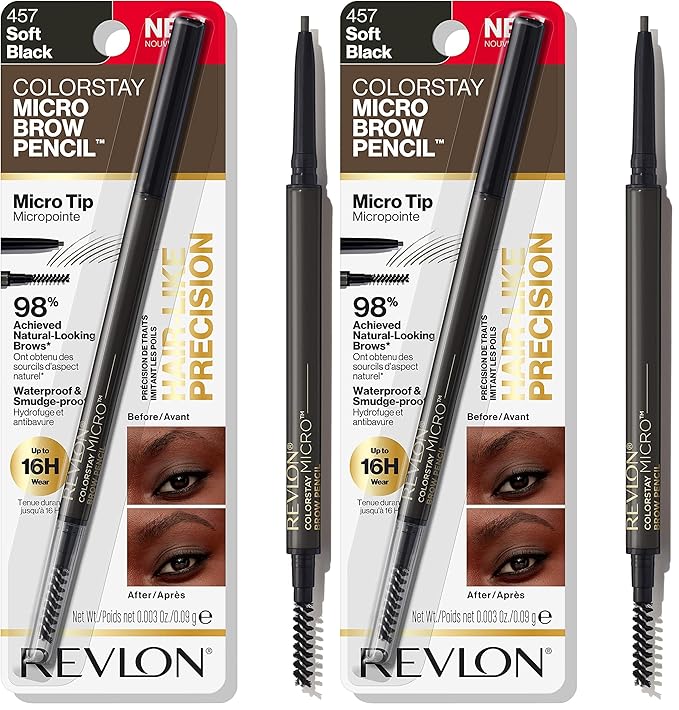 Revlon ColorStay Micro Eyebrow Pencil with Built In Spoolie Brush, Infused with Argan and Marula Oil, Waterproof, Smudgeproof, 457 Soft Black, 0.003 oz (Pack of 2)