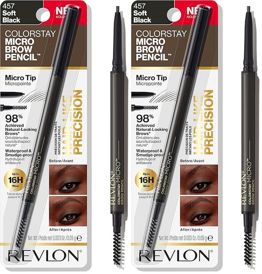 Revlon ColorStay Micro Eyebrow Pencil with Built In Spoolie Brush, Infused with Argan and Marula Oil, Waterproof, Smudgeproof, 457 Soft Black, 0.003 oz (Pack of 2)
