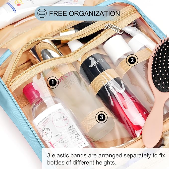 Travel Hanging Toiletry Bag for Women, Cruise Ship Essentials, with Jewelry Organizer, Extra Large Makeup Dopp Kit, Waterproof Cosmetic Bags, Toiletries Kit Set with Trolley Belt, Sky Blue