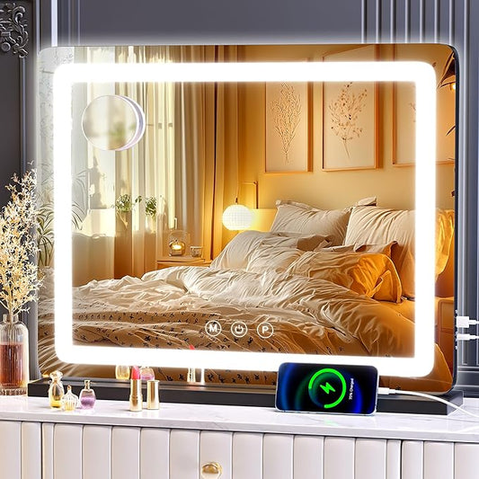 Makeup Vanity Mirror with USB Charging Port 28" x 22" Large LED Makeup Mirror, Desk Mirorr with Lights, Light up Mirror with 10X Magnification, Dimmable 3 Modes, Touch Screen Control Black