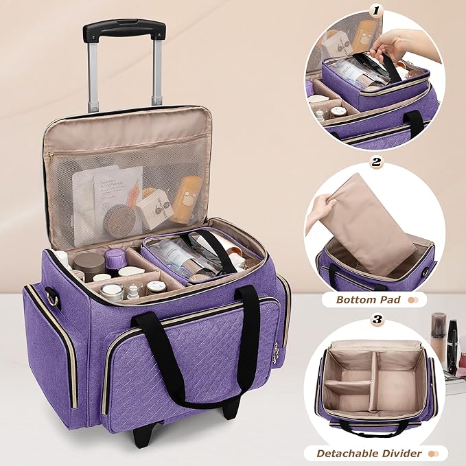 LUXJA Rolling Makeup Case with 3 Removable Pouches and 1 Makeup Brush Bag, Large Makeup Bag Cosmetic Bag with Detachable Dolly (Patented), Purple
