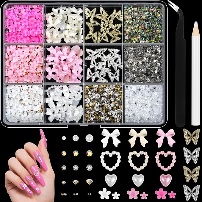 Artdone Nail Art Studs Kit, 12 grids 8 Colors 3D Charms and Pink Mix White Flower Heart Diamond Butterfly Cute Nail Jewels for DIY Decoration with Pickup Tools