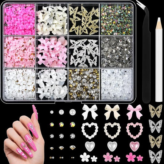 Artdone Nail Art Studs Kit, 12 grids 8 Colors 3D Charms and Pink Mix White Flower Heart Diamond Butterfly Cute Nail Jewels for DIY Decoration with Pickup Tools
