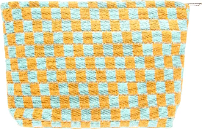 PAZIMIIK Knitted Checkered Makeup Bag Large Zipper Make Up Accessory Pouch for Purse Cosmetic Brush Bag for Travel Essential Orange Green