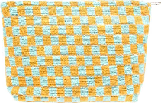 PAZIMIIK Knitted Checkered Makeup Bag Large Zipper Make Up Accessory Pouch for Purse Cosmetic Brush Bag for Travel Essential Orange Green