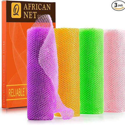 UJFQBH 4 Pieces African Net Sponge African Net Long Net Bath Sponge Exfoliating Shower Body Scrubber Back Scrubber Skin Smoother,Great for Daily Use (Purple, Orange, Green, Pink)