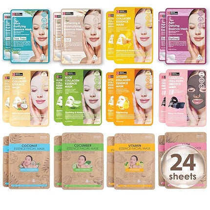 Innerest Original Derma Beauty Collagen Face Masks 24 PK Face Mask Skin Care Collagen Essence Sheet Masks Assortment Set for Beauty & Personal Care Korean Face Mask