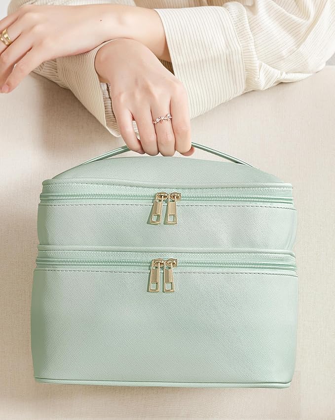 Makeup Bag for Women X-Large Travel Makeup Bag Organizer Portable Toiletry Bag Cute Makeup Bags Waterproof Leather Cosmetic Bag Makeup Case with Removable Dividers, Green