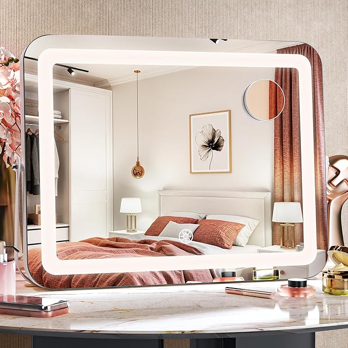 MINISO Vanity Mirror with Lights, 15" x 11" LED Makeup Mirror, Light & Brightness Adjustment, Smart Sensor, 360°Rotation, Aluminum Alloy Metal White Frame, with 5X Magnifying Glass