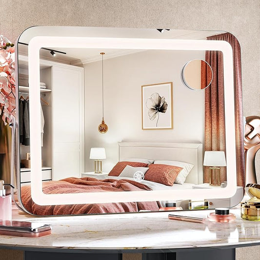 MINISO Vanity Mirror with Lights, 15" x 11" LED Makeup Mirror, Light & Brightness Adjustment, Smart Sensor, 360°Rotation, Aluminum Alloy Metal White Frame, with 5X Magnifying Glass