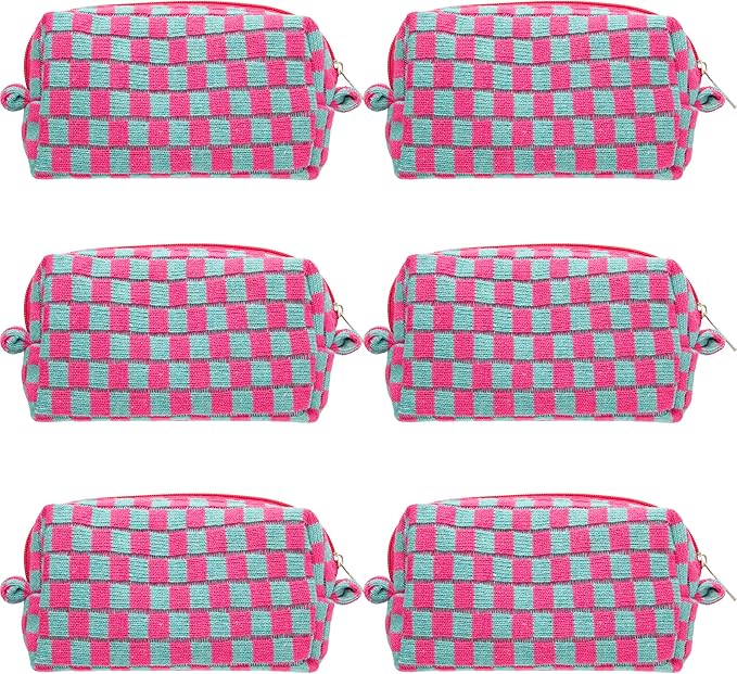 PAZIMIIK Checkered Makeup Bag for Purse Portable Zipper Make Up Pouch Small Cosmetic Case for Travel Accessories (6PCS Magenta Green)