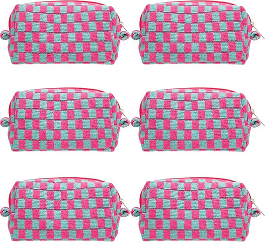PAZIMIIK Checkered Makeup Bag for Purse Portable Zipper Make Up Pouch Small Cosmetic Case for Travel Accessories (6PCS Magenta Green)