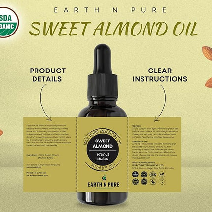 EARTH N PURE Sweet Almond Oil (Badam Oil) Cold Pressed, Therapeutic Grade for Body, Skin, Hair 100 ml