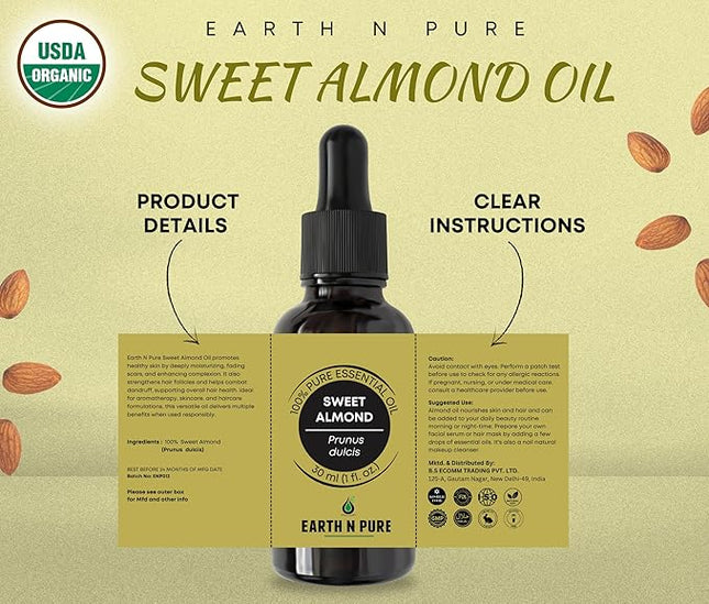 EARTH N PURE Sweet Almond Oil (Badam Oil) Cold Pressed, Therapeutic Grade for Body, Skin, Hair 100 ml