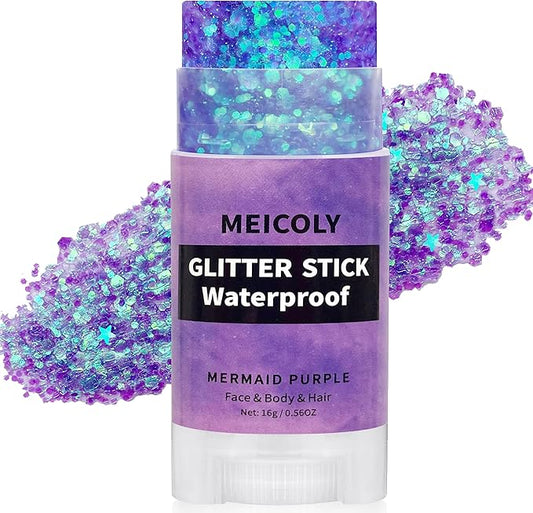 MEICOLY Mermaid Purple Face Body Glitter Stick,Hair Glitter Stick for Kids and Women,Sparkle Chunky Glitter Makeup,Waterproof Face Glitter for Party Rave Festival