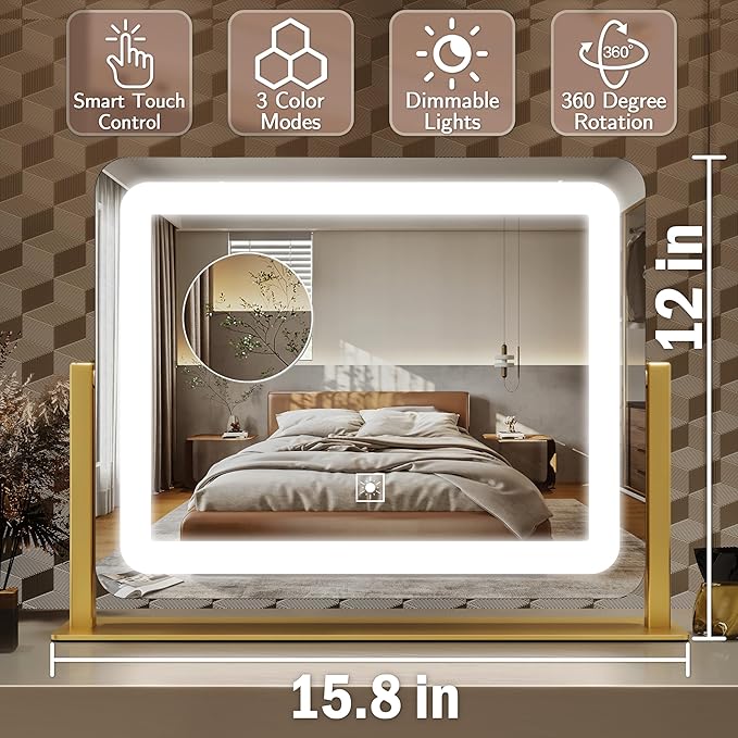 Gold Vanity Mirror with Lights 15" x 12", Lighted Makeup Mirror with 10X Magnification, 3 Color Lighting & Dimmable Brightness, Make Up Mirror with Lighting for Bedroom Tabletop