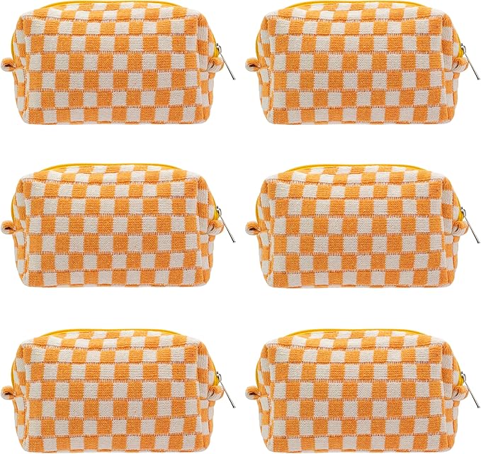 PAZIMIIK Checkered Makeup Bag for Purse Portable Zipper Make Up Pouch Small Cosmetic Case for Travel Accessories (6PCS Orange)