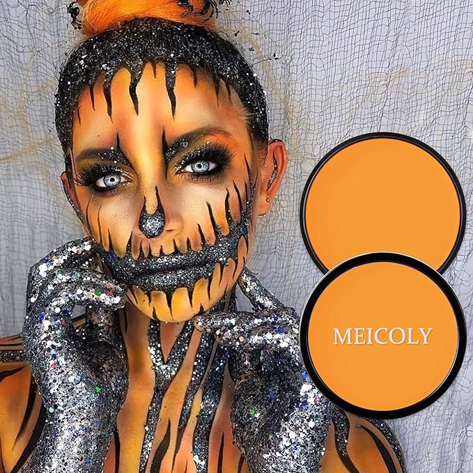 MEICOLY Orange Face Body Paint,Water Based Washable Face Paint,Pumpkin Tiger Face Painting,Professional Body Paint for Halloween SFX Special Effects Cosplay Makeup