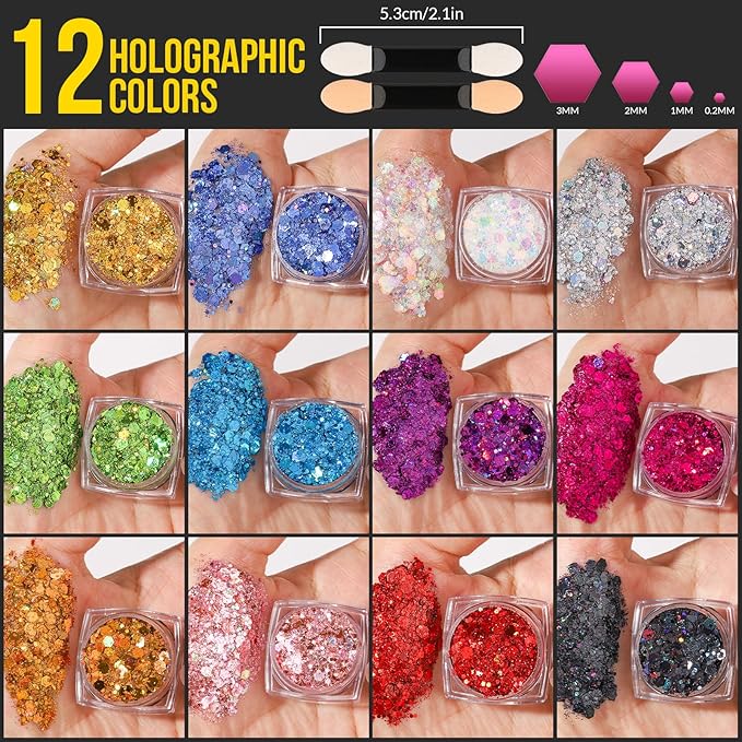 Teenitor 12 Colors Makeup Festival Face Glitter and 12 Colors Glow in The Dark Body Glitter Gel for Women, Glitter Gel for Face and Body, Hair