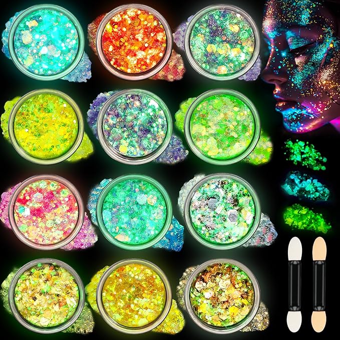 12 Colors Makeup Body Glitter Gel and Face Glitter Gel, Glow in The Dark for Hair and Eyeshadow, UV Black Light for Raves Festivals, Makeup for Women and Kids