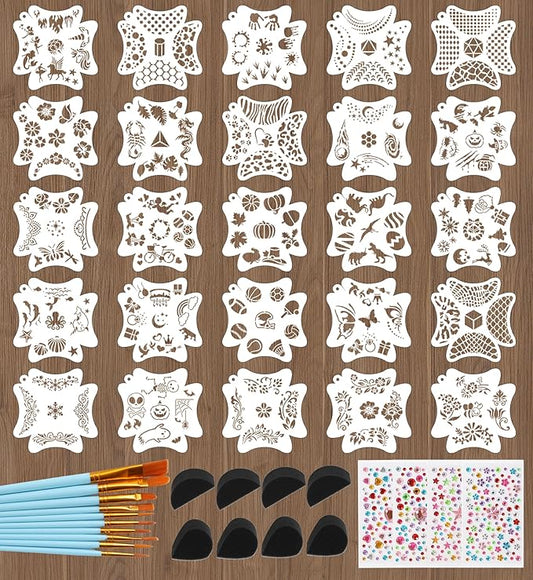 47 Pcs Face Paint Stencil Kit – 25 Sets Reusable Flowers Plants Sports Shapes Face Painting Templates with 265 Designs, Brushes, Sponges & Stickers – Body Makeup Stencils for Kids Halloween Party