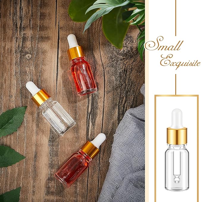 100 Pcs Mini Glass Oil Dropper Bottle Bulk, Clear Essential Small Empty Bottles Sample Containers Perfume Liquid Vials with Cap for Traveling (10 ml,Gold)
