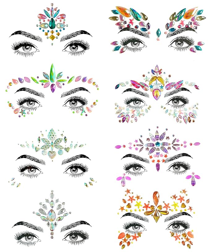 8 Pc Music Rave Face Jewels: Rhinestone Crystal Gems for Eyes, Body & More