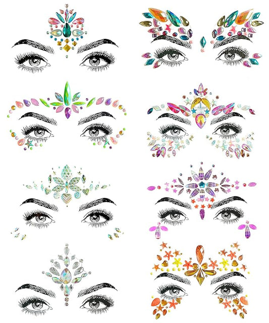 8 Pc Music Rave Face Jewels: Rhinestone Crystal Gems for Eyes, Body & More