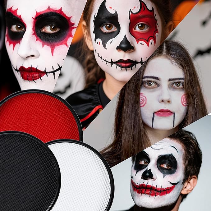 Spooktacular Creations 3PCS Halloween Makeup Face Body Paint Waterproof Foundation Cream Cake Tub, Halloween Party Cosplay Clown Sfx Costume Dress Up Makeup for Adult(1 Oz Each, White, Black, Red)