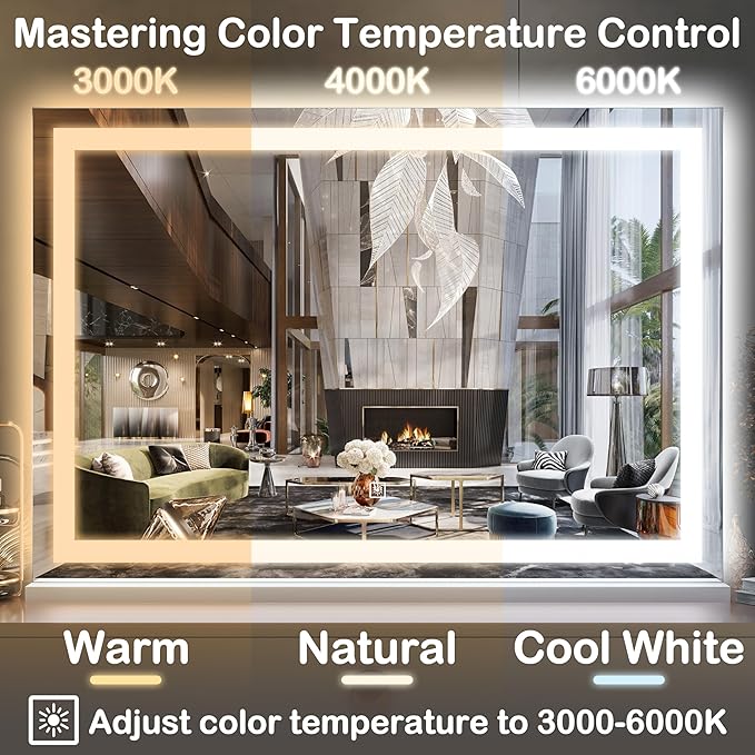 FENNIO Large Vanity Mirror with Lights，32" x 22"Lighted Makeup Mirror, Large Makeup Mirror with Lights, Touch Sensor with Dimmable 3 Modes， Vanity Mirror Square White