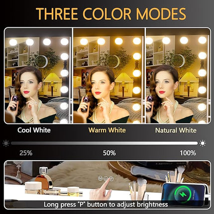 Hasipu Vanity Mirror with Lights, 40" x 29" Hollywood Mirror with 21 Dimmable Bulbs and 10X Magnification, 3 Colors Modes, Touch Control, USB Charging Port, Type-C, Tempered Glass (Square White)