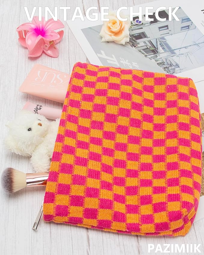 PAZIMIIK Knitted Checkered Makeup Bag Large Zipper Make Up Accessory Pouch for Purse Cosmetic Brush Bag for Travel Red Orange