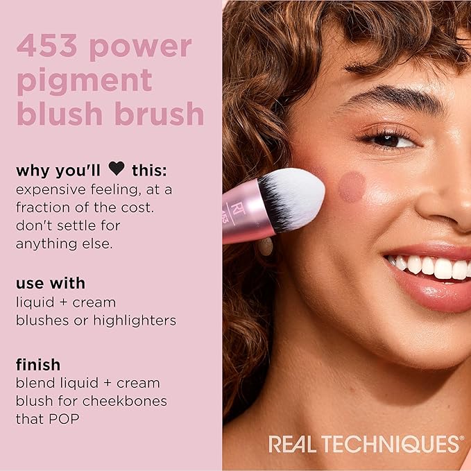 Real Techniques Power Pigment Blush Makeup Brush, Cheek Brush For Liquid & Cream Blush, Dense, Synthetic Bristles, Unique Pointed Shape For Precise Application, Vegan & Cruelty Free, 1 Count